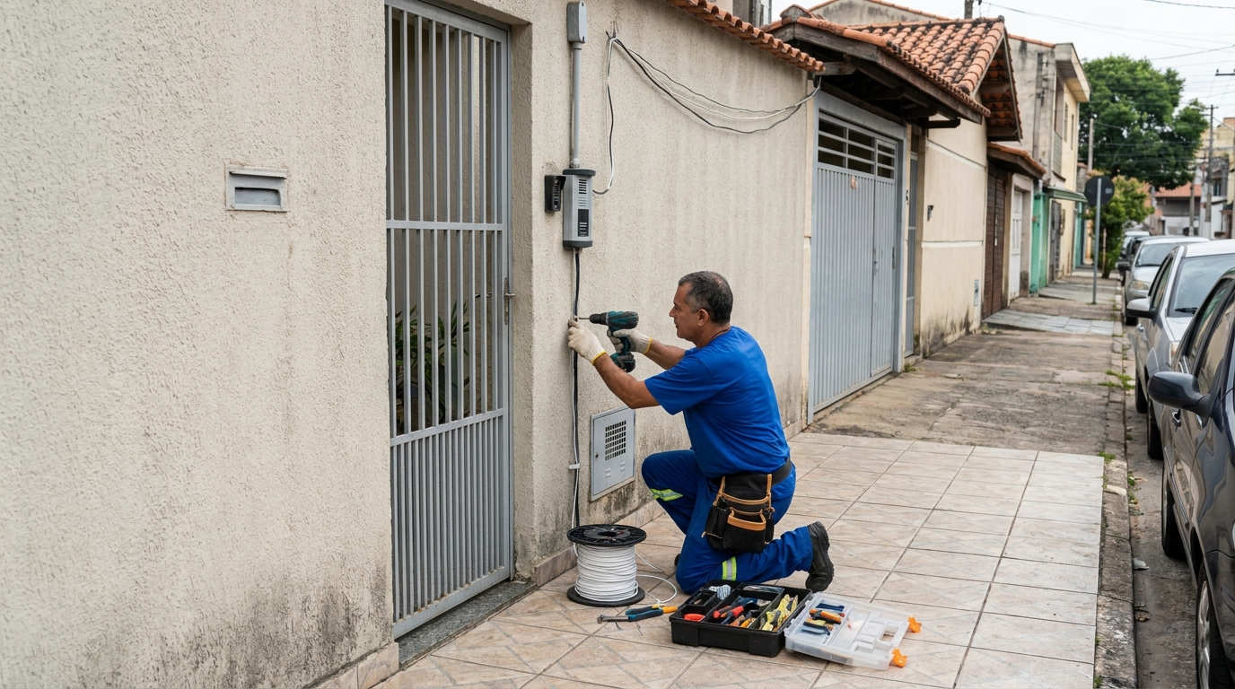 Eletricista instalando interfone de portão em Ipatinga‑MG